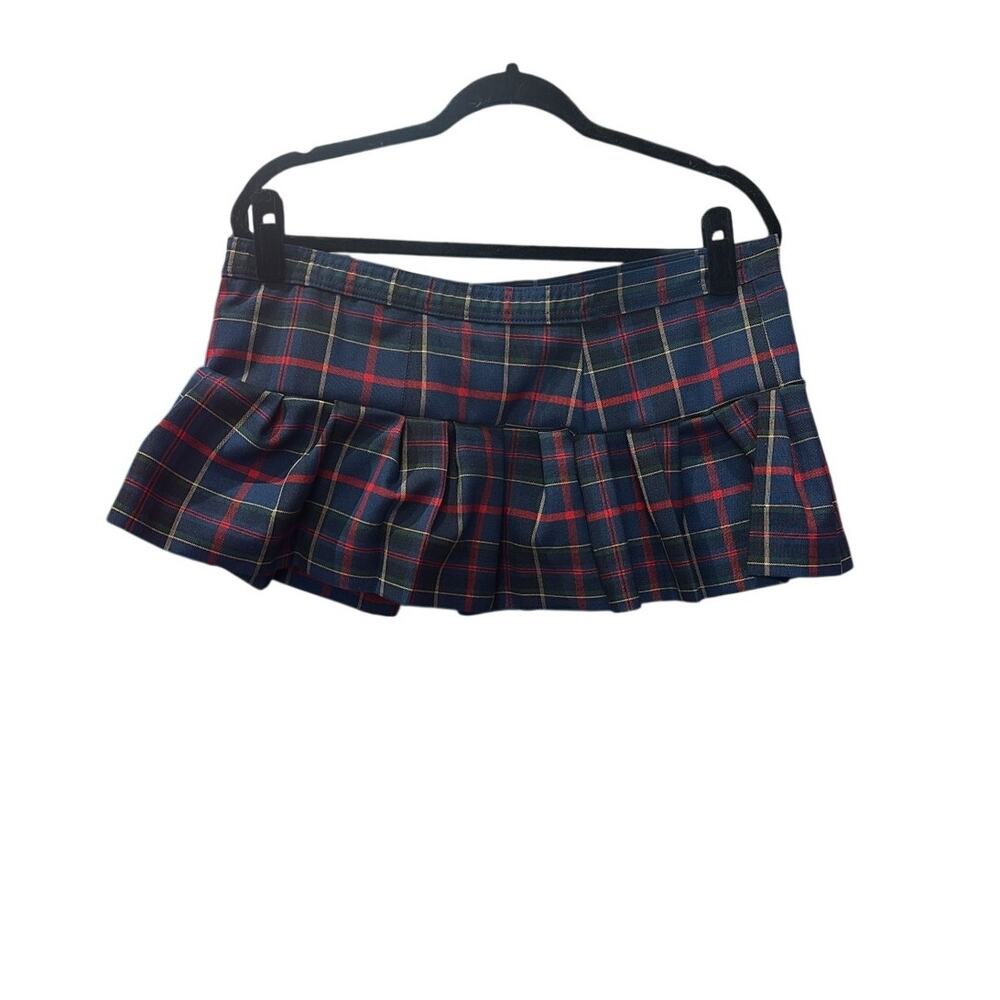 Upcycled Micro Mini Y2K Belt Skirt Plaid Blue Green Red XL